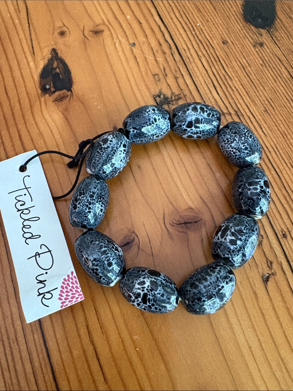 Tickled Pink Black & White Marbled Bead Stretch Bracelet